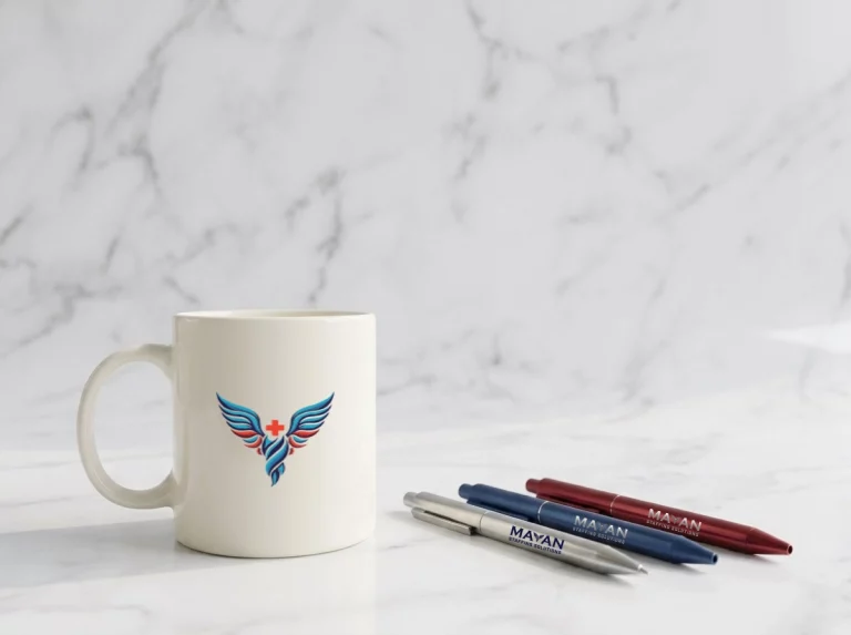 ceramic mug and pens mayan