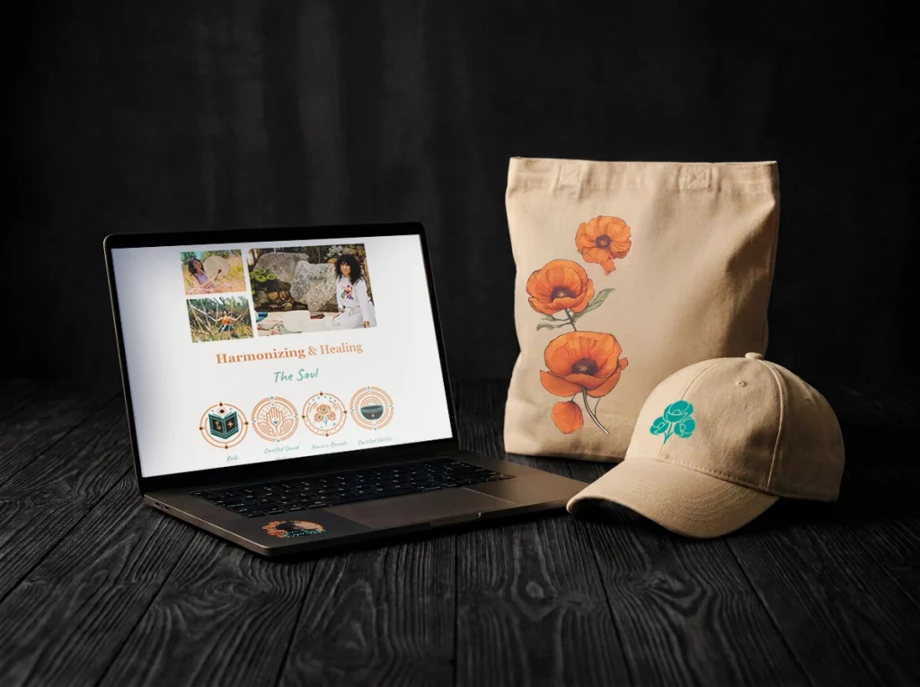 laptop, cap, and tote soundbathevelyn
